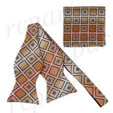 New wedding Men's Self-tied Bow Tie Hankie Squares Checkers Orange Gray wedding