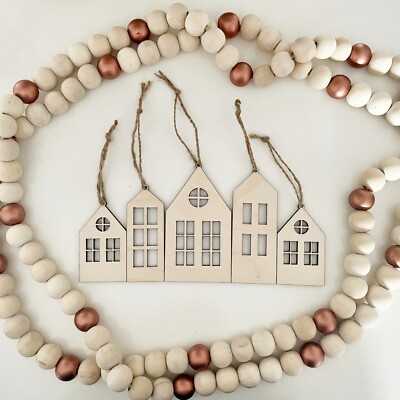 5er Set minimalistische skandinavische Holzhäuser - rustikale Weihnachtsdeko Ornament