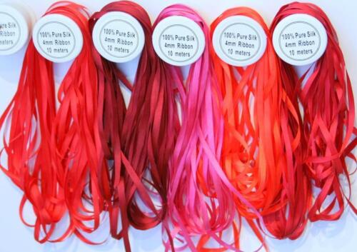 NEW 50M 100% PURE SILK 4MM EMBROIDERY RIBBON RED SHADES - Afbeelding 1 van 1