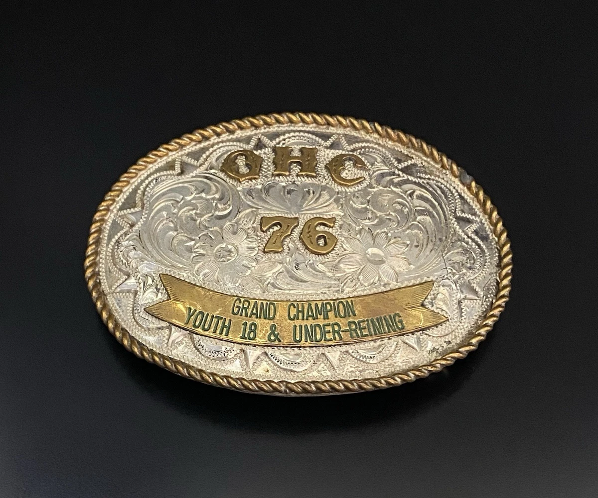 Vintage WAGE Sterling Silver Overlay and Gold Champion Trophy Belt Buckle 1982 Trophy Belt Buckle Collectible Western Americana Belt  main image 3