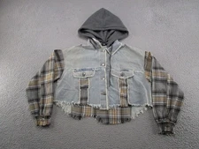 Miss Me Cropped Denim Jean Jacket Button Up Size M Plaid Hooded Removable