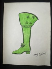 Andy Warhol Signed Art Drawing on Paper - Green Boot 12&rdquo; X 9&rdquo;