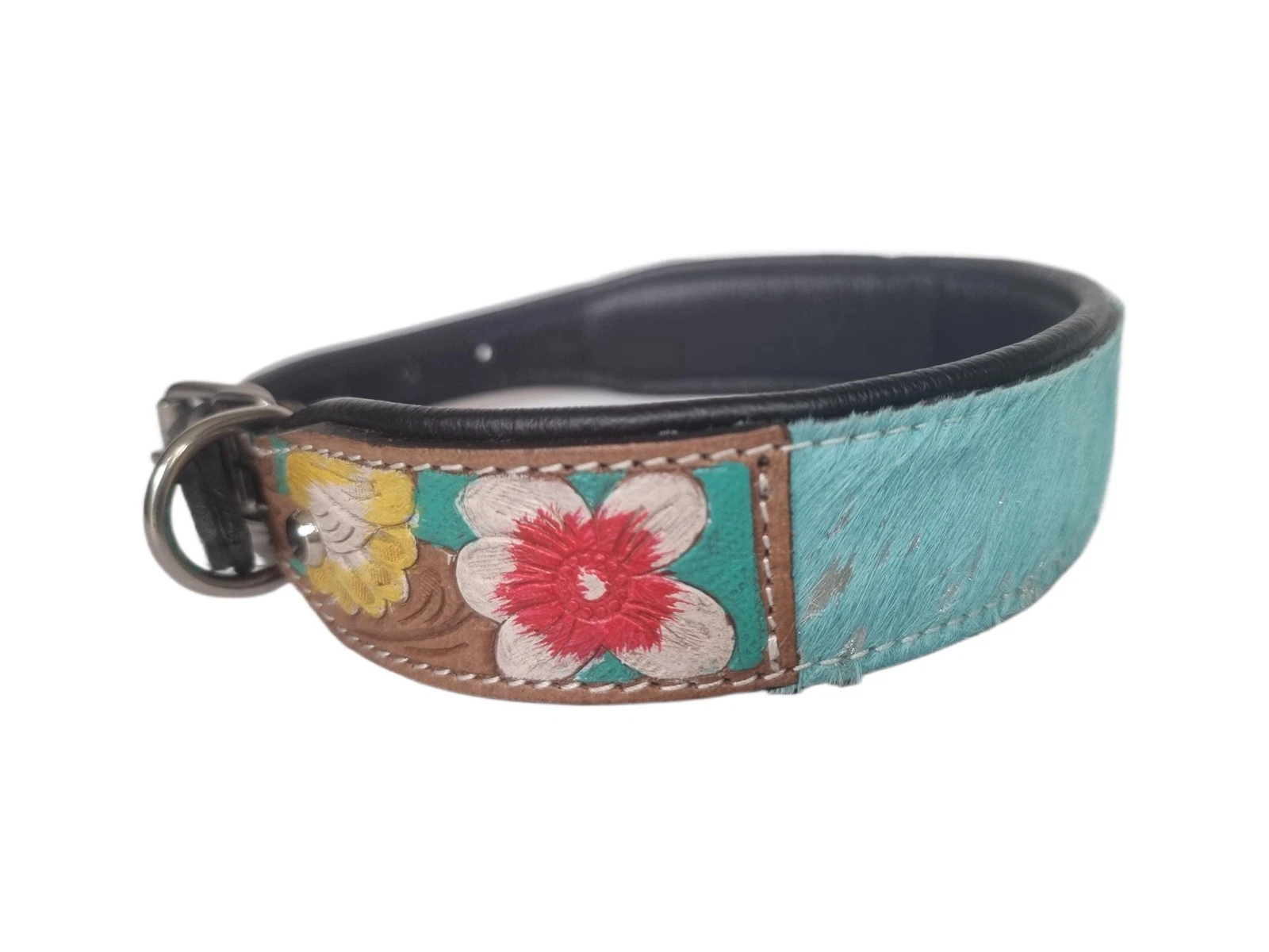 Turquoise Cowhide Dog Collar | Padded Leather Dog Collar | Tooled Western Pet