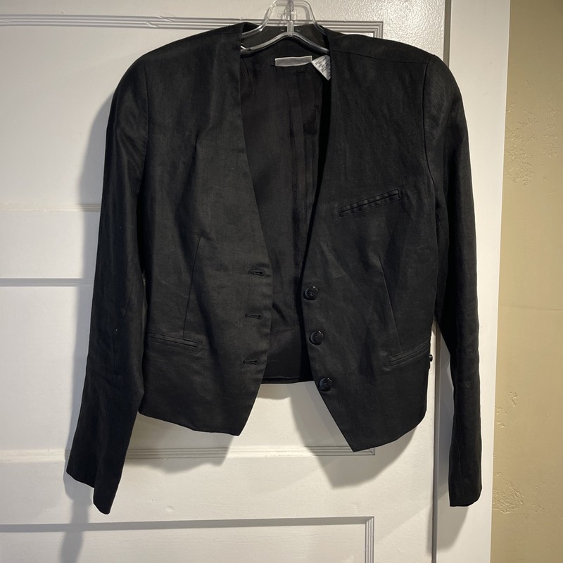 Women’s Black Lined Linen Cropped Jacket Vneck Size 6 Small