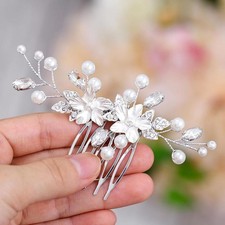 Flower Bridal Hair Comb Crystal Pearl Headpieces Silver Rhinestone Hair Acces...
