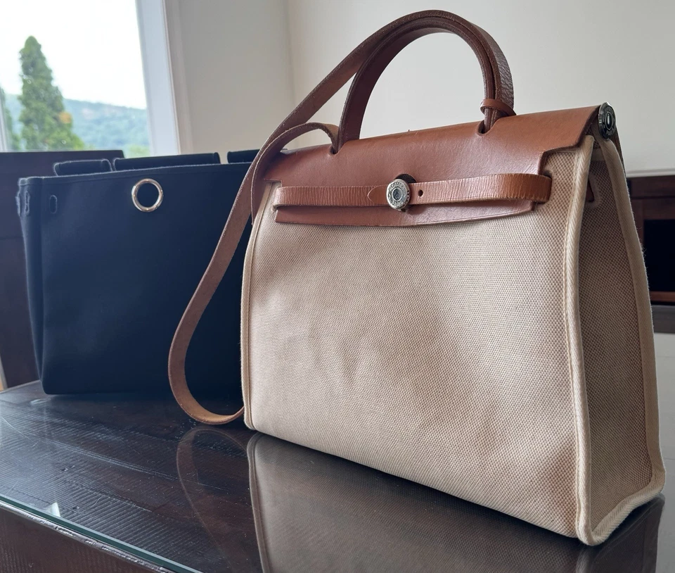 Hermes Herbag 31 Natural Vache Leather Toile and Black Canvas Palladium D Square - Image 4 of 4