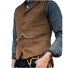Mens Suit Vest X-Large Brown Herringbone Tweed Wool Blend Button V Neck Formal