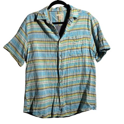 Carbon2Cobalt Mens Blue Striped Short Sleeve Button Down Top M Beachy Cotton