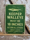 VINTAGE GREAT LAKES PORCELAIN SIGN OLD 1955 FISHERY COMMISSION WALLEYE FISHING