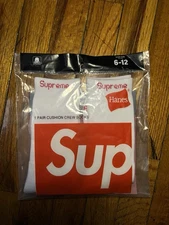 US STOCK Supreme Hanes Crew Socks - White, Pack of 2 Pair Size 6-12