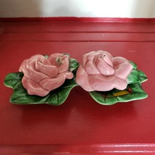 Vintage Sylvan 3 pc Salt and Pepper Shaker Set Tray and Roses Made in USA