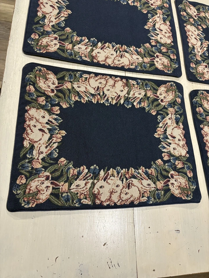 Juego de 6 manteles florales conejo tapiz azul primavera Pascua decoración de mesa Foto 2 de 4