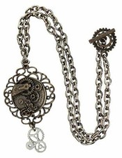 Steampunk Necklace Bronze Silver Round Scalloped Edge Gear Costume Medallion