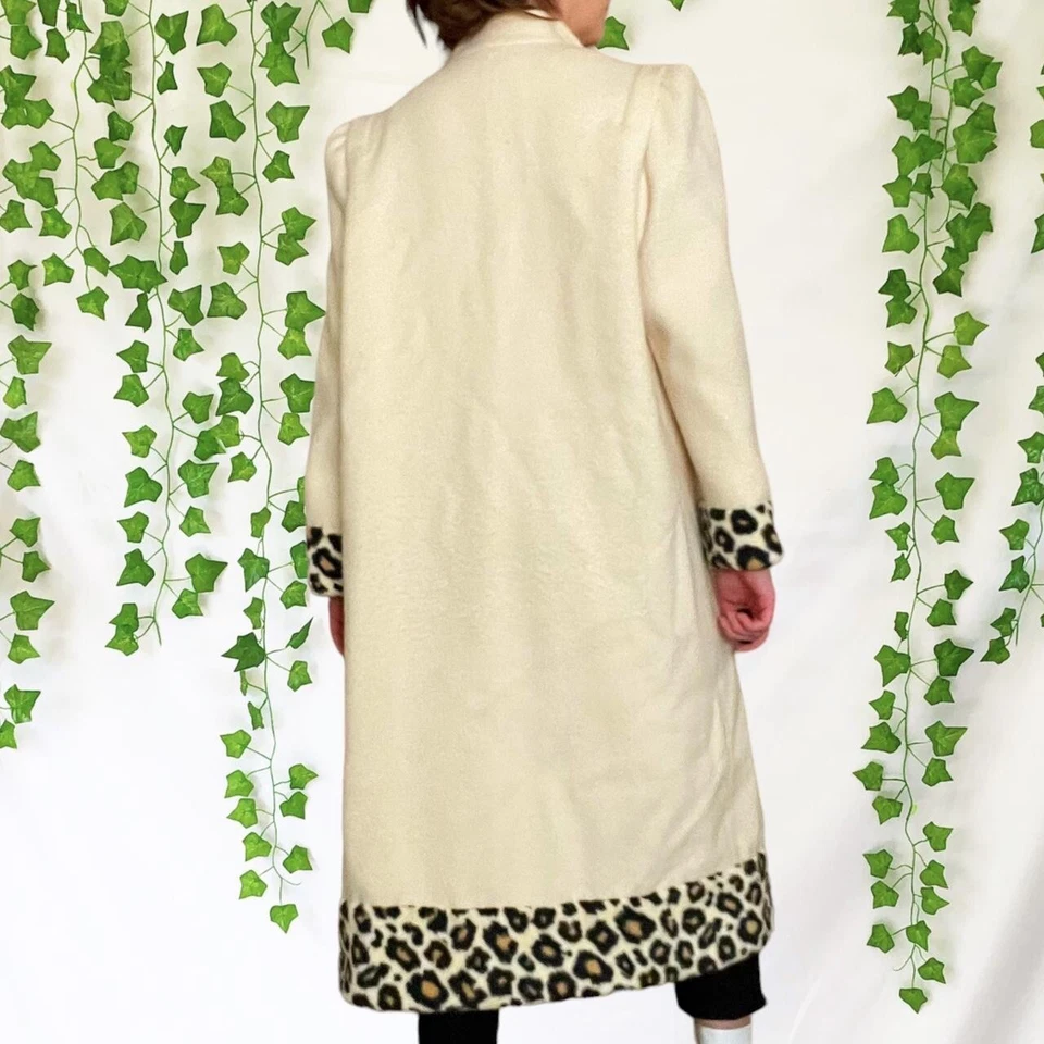 Abrigo largo de lana con ribete de leopardo vintage años 80 crema Hollywood Regency Foto 4 de 4