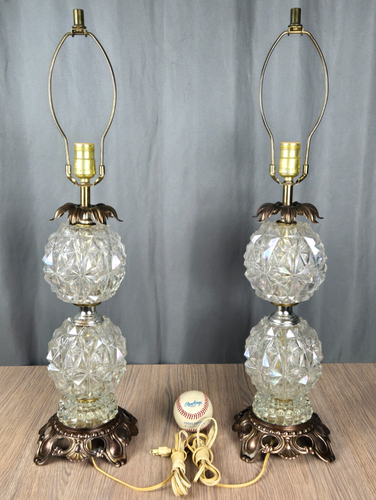 Vintage Pair of Accurate Casting Co. diamond point glass ball table lamps 28.5" - Picture 4 of 15