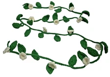 72" Handmade Crochet Green Leaf Vine White Flowers Decorative Garland Lariat 6'