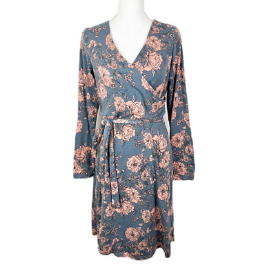 Moosungeek Dress Women Large Blue Floral Long Sleeve Surplice Belted Casual