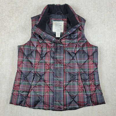 Eddie Bauer Puffer Down Vest Womens XL Red Black Plaid Full Zip Quilted Jacket