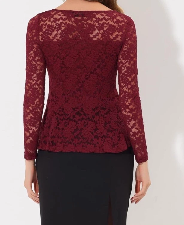 Blusa elegante de encaje floral de manga larga con cuello redondo y peplum para mujer Foto 4 de 4