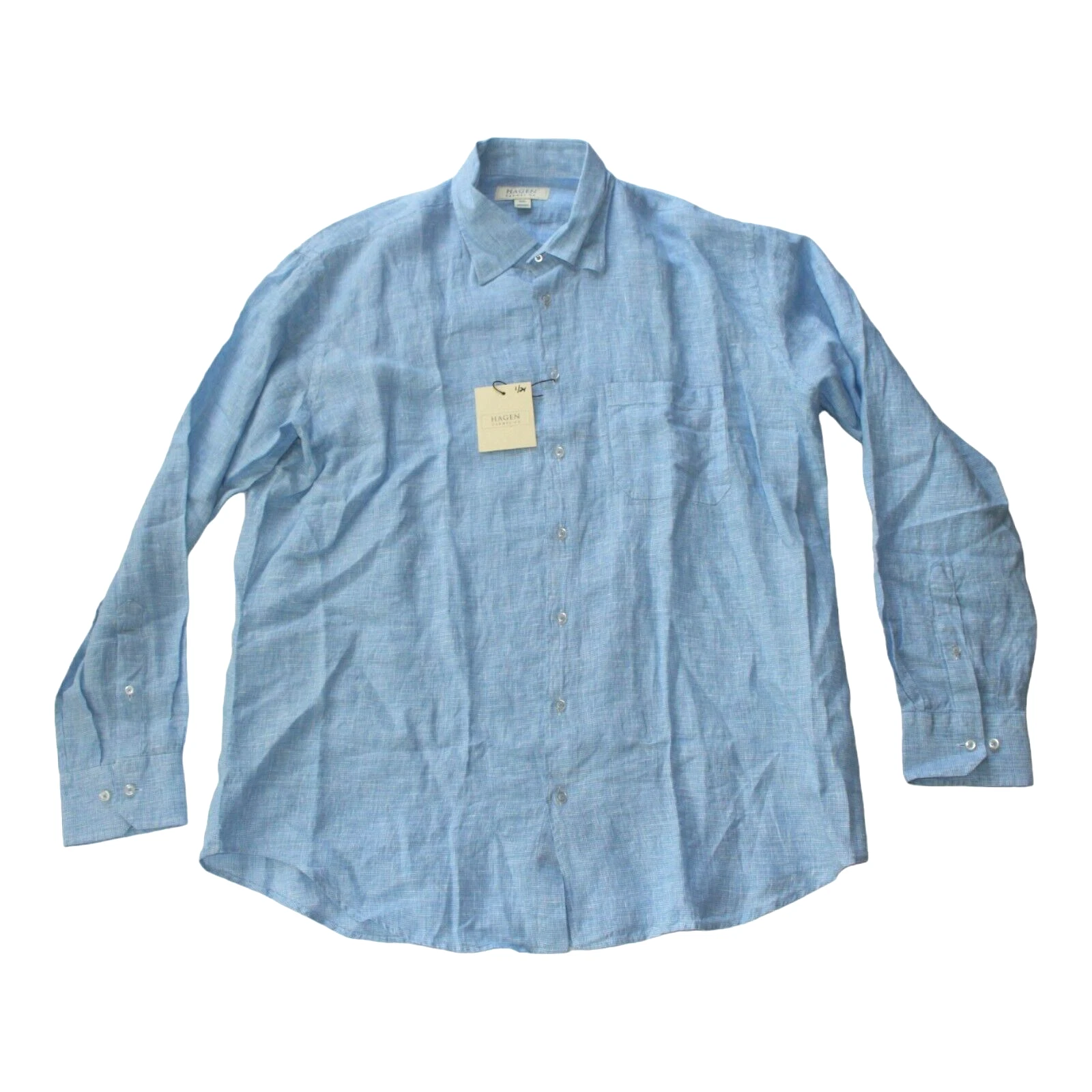$195 New Hagen 100% LINEN Button Shirt Houndstooth Men's 2XL XXL Sky Blue Woven