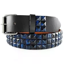 Pyramid Studded Snap On Leather Belt M 34-36 Black Blue Navy Line