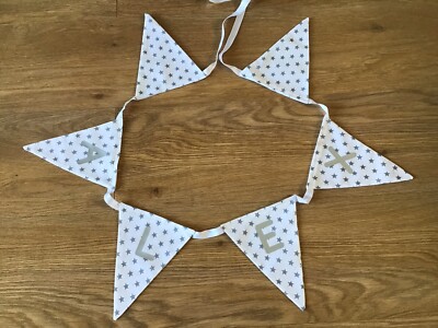 PERSONALISIERTE STOFFWIMPELKETTE MIT NAMEN GRAU & WEISS STERNE MÄDCHEN JUNGEN - PREIS PRO FLAGGE
