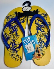 New Flip-Flops Size 7 Women's Embossed Sole Yellow Royal Blue Tropical Design