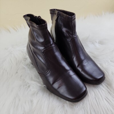 Basic Editions Women's Vegan Leather Zip Ankle Boots Dark Brown 2'' Heel 6.Wide