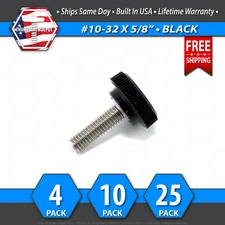 #10-32 x 5/8" Thumb Screw Stainless Steel - Black Round Knurled Knob - USA