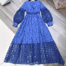 Women's 2024 new Lantern sleeve Splicing hollow embroidery high waist long dress