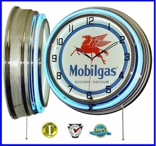 19" MOBIL Mobilgas Socony Vacuum Pegasus Sign Double Neon Wall Clock