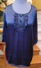 MARC BY MARC JACOBS TUNIC TOP BLUE BUTTON NECK PULLOVER 3/4 RUFFLE SLEEVE L