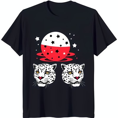 Black T-Shirt with Sphere Snow Leopards & Stars Design Unique Graphic Tee