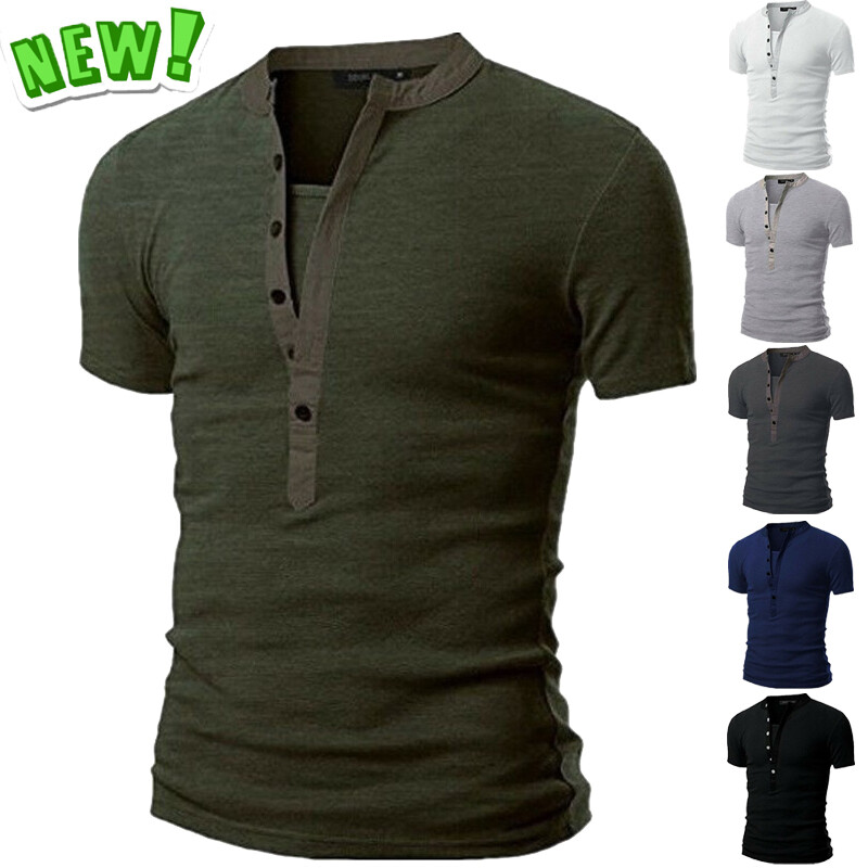 Mens Casual Slim Fit V Neck T-Shirt Muscle Tee Tops Short Sleeve Button Blouse