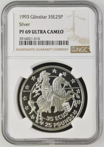 1993 Gibraltar 35 ECU 25 Pounds Silver Proof NGC PF69 Ultra Cameo - Beautiful!