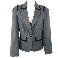 Trina Turk Gray Wool Blend Blazer Jacket Sz 2 Single Button Ribbon Trim
