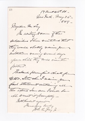 John C. Jay Jr. Signed Handwritten Letter 1889 Grandson Founding Father John Jay