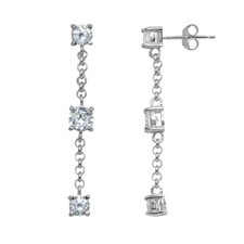 Round Cubic Zirconia Long Drop Chain Sterling Silver Dangle Earrings