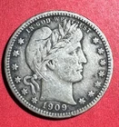 1909D US Barber SILVER Quarter "Denver" Mint! Strong "LIBERTY" VF! Old US Coin!