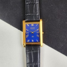 Vintage Seiko Slim Tank Quartz Men Blue Dial Dress Watch-Free Shipping