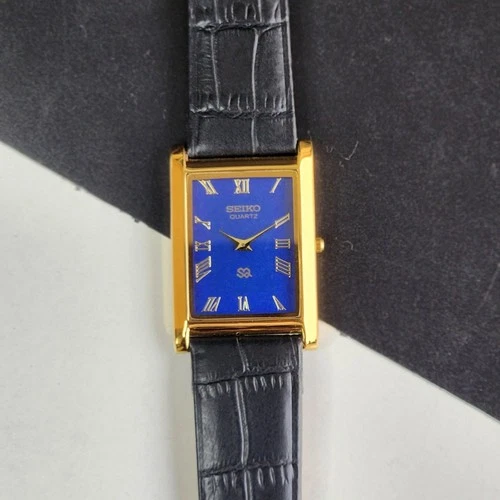 Vintage Seiko Slim Tank Quartz Men Blue Dial Dress Watch-Free Shipping