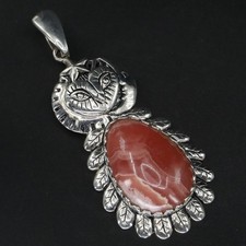 Sterling Silver - DESIGNER BBJ Rhodochrosite Owl & Moon Necklace Pendant - 20g