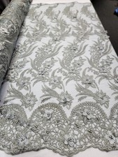 Silver Lace 3d Floral Embroidery Pearls On Mesh Fabric Sold By The Yard For Dres