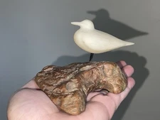 Vintage Seagull Sculpture on Driftwood Base Ocean Sea Bird Burl Wood