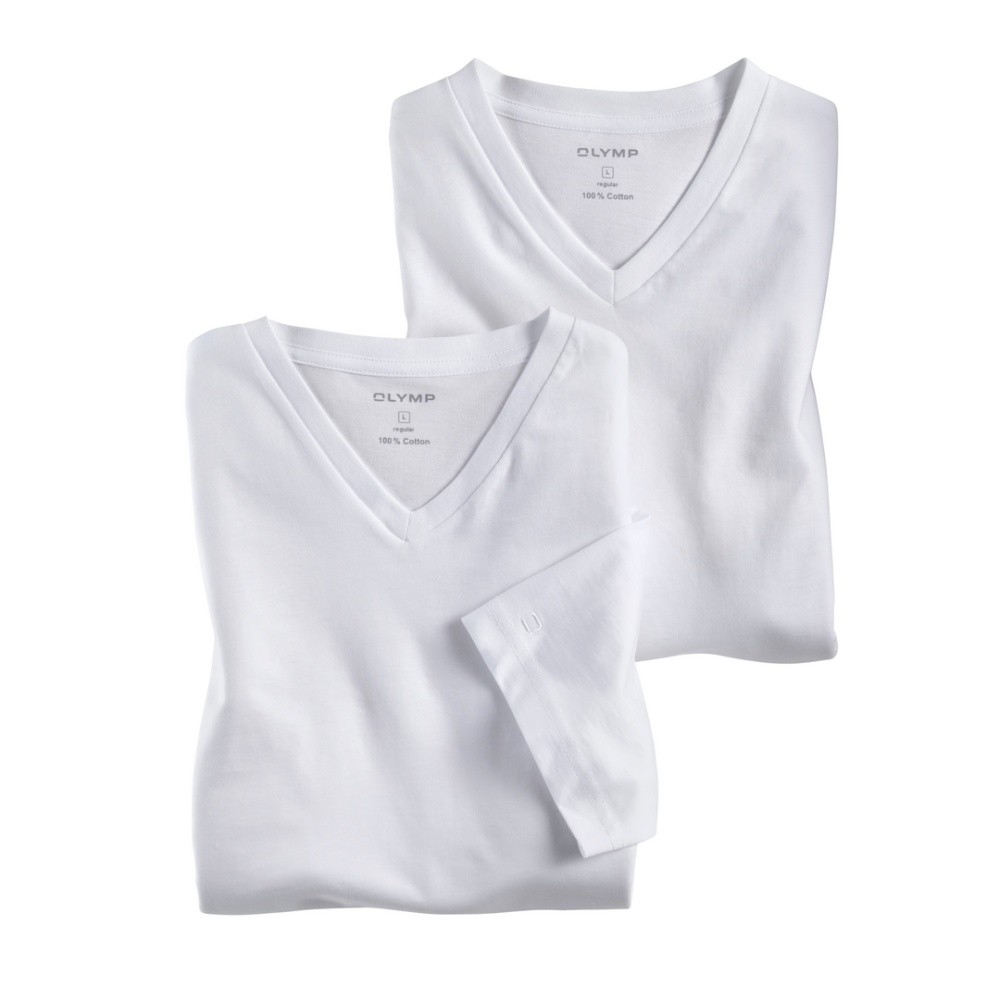 Olymp Men's T-Shirt Short Sleeve Double Pack V-Neck White Solid 0701