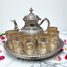 Set da tè marocchino fatto a mano, vassoio inciso, teiera e 6 bicchieri, decorazione boho