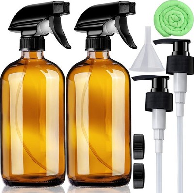 Amber Glass Spray Bottles 16 oz Pump Bottle (2 Pack) Refillable Cosmetic