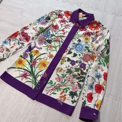 Rare GUCCI Flora 100% Silk Shirt Blouse Flower Purple Size 36 USED[Very Good] JP