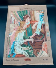 Rare VTG ROYAL PARIS Needlepoint Canvas Girls at Piano Jeunes Filles Au Piano