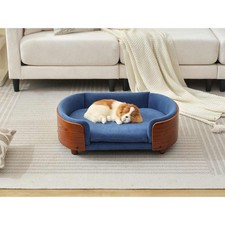 Small Elevated Dog Bed w/ Wood Frame, Orthopedic Foam, Velvet Cover, Dark Blue